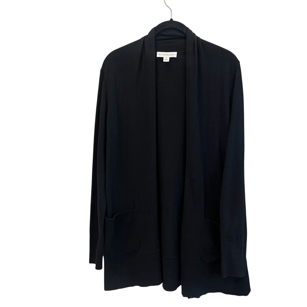 White + Warren Black Cotton Silk Blend Open Front Cardigan Sweater Womens Medium